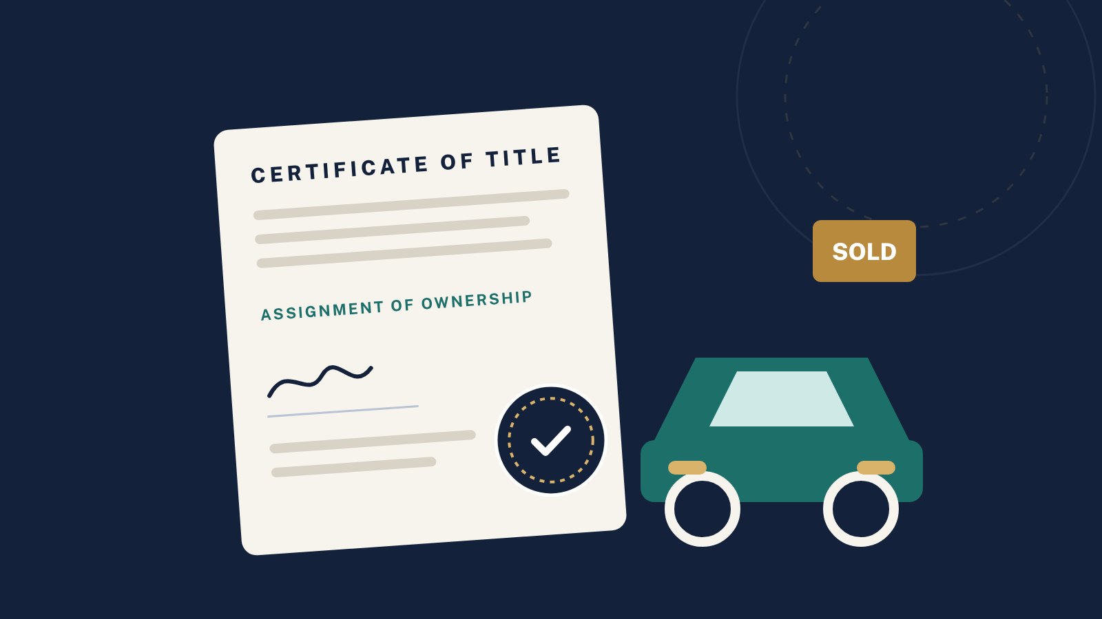 Illustration of a notarized Ohio vehicle title next to a car with a sold sign